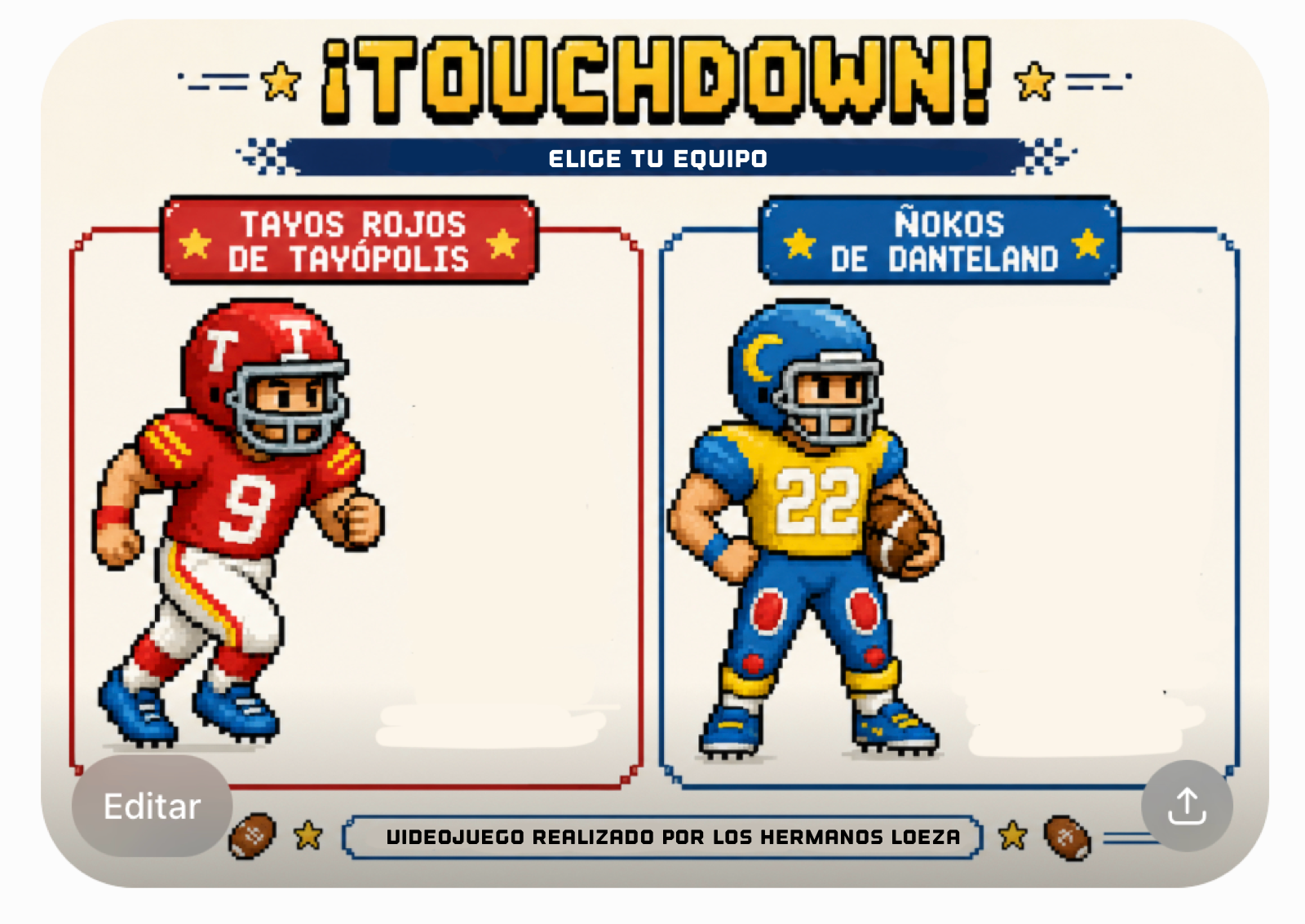Pantalla inicial de ¡TOUCHDOWN! con los Tayos Rojos y los Ñokos de Danteland